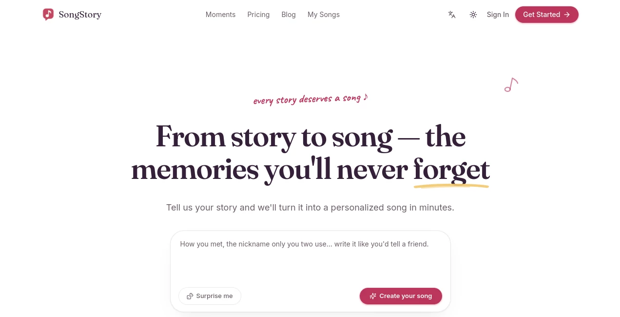 Screenshot of SongStory – An AI tool in the ,AI Text to Music ,AI Singing Generator ,AI Music Generator  category, showcasing its interface and key features.