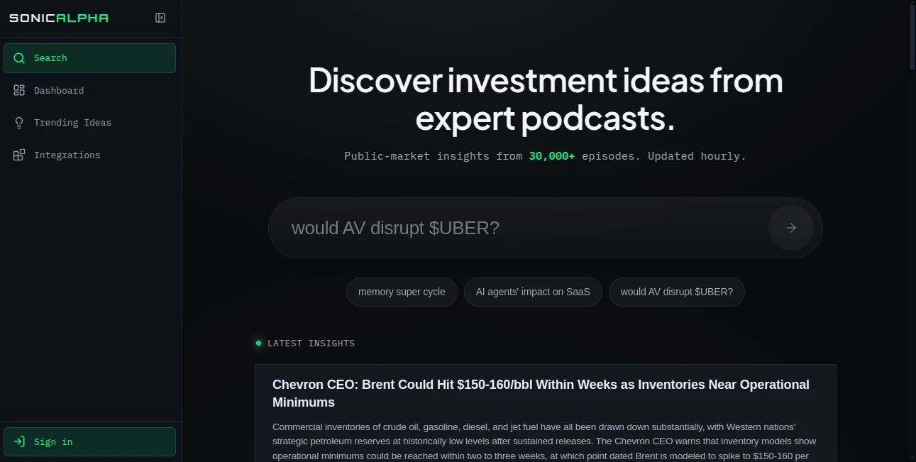 Screenshot of SonicAlpha – An AI tool in the ,AI Research Tool ,AI Trading Bot Assistant ,AI Investing Assistant ,AI Analytics Assistant  category, showcasing its interface and key features.