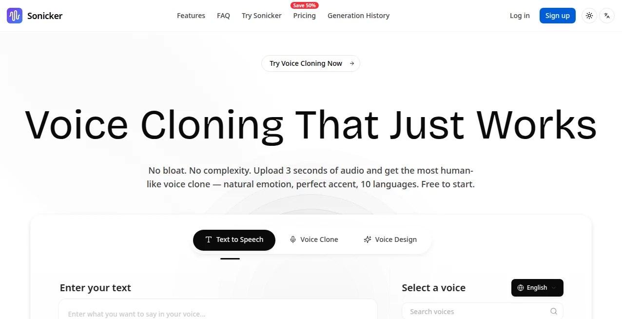 Screenshot of Sonicker – An AI tool in the ,AI Text to Speech ,AI Voice & Audio Editing ,AI Voice Cloning ,AI Speech Synthesis  category, showcasing its interface and key features.