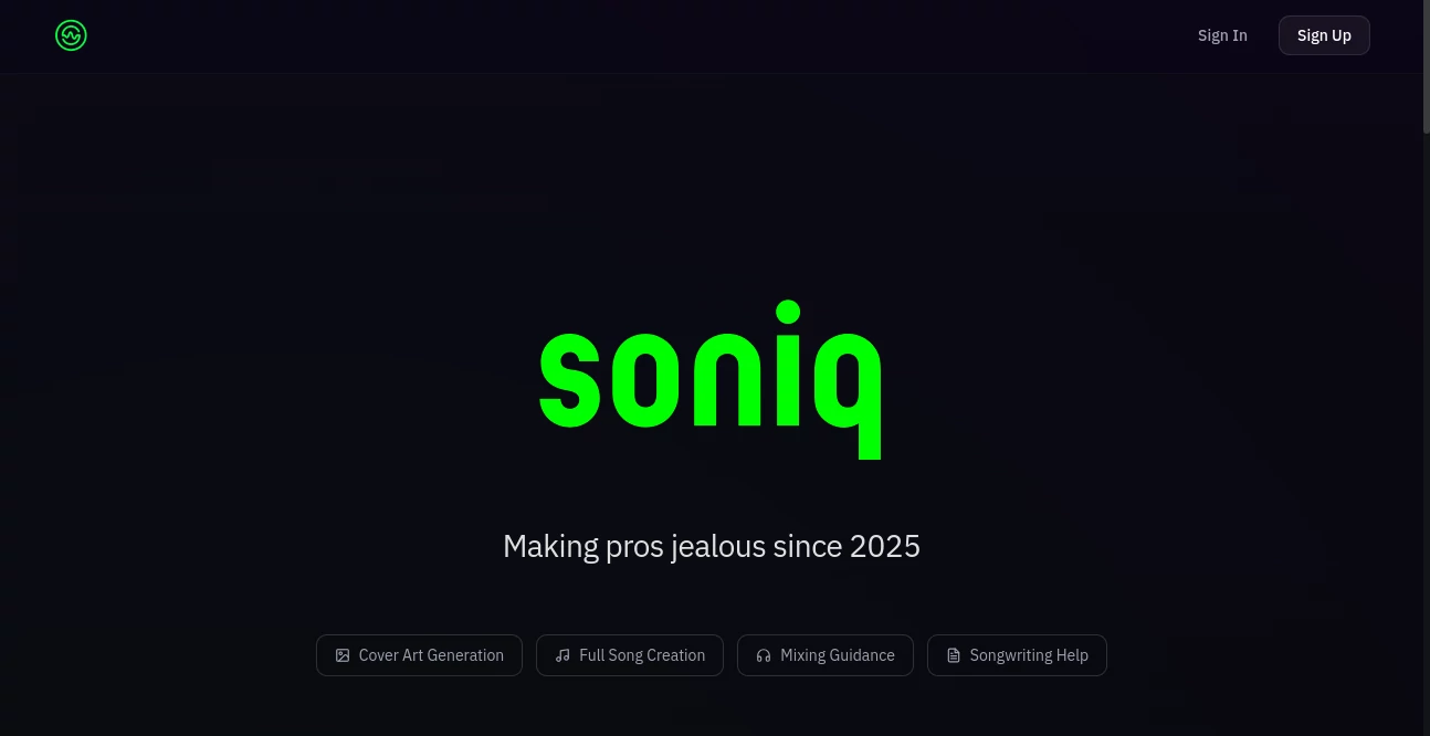 Screenshot of Soniq Chat – An AI tool in the ,AI Cover Generator ,AI Audio Enhancer ,AI Music Generator ,AI Text to Music  category, showcasing its interface and key features.