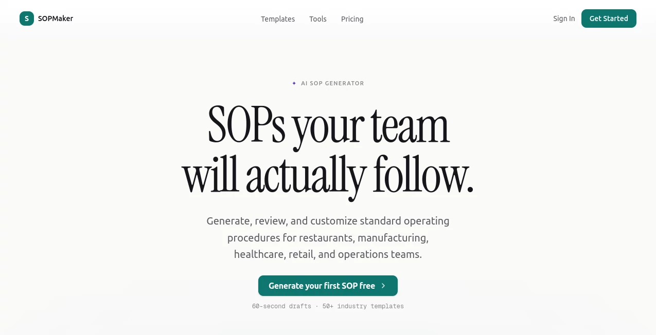 Screenshot of SOPMaker – An AI tool in the ,AI Workflow Management ,AI SOP ,AI Productivity Tools  category, showcasing its interface and key features.