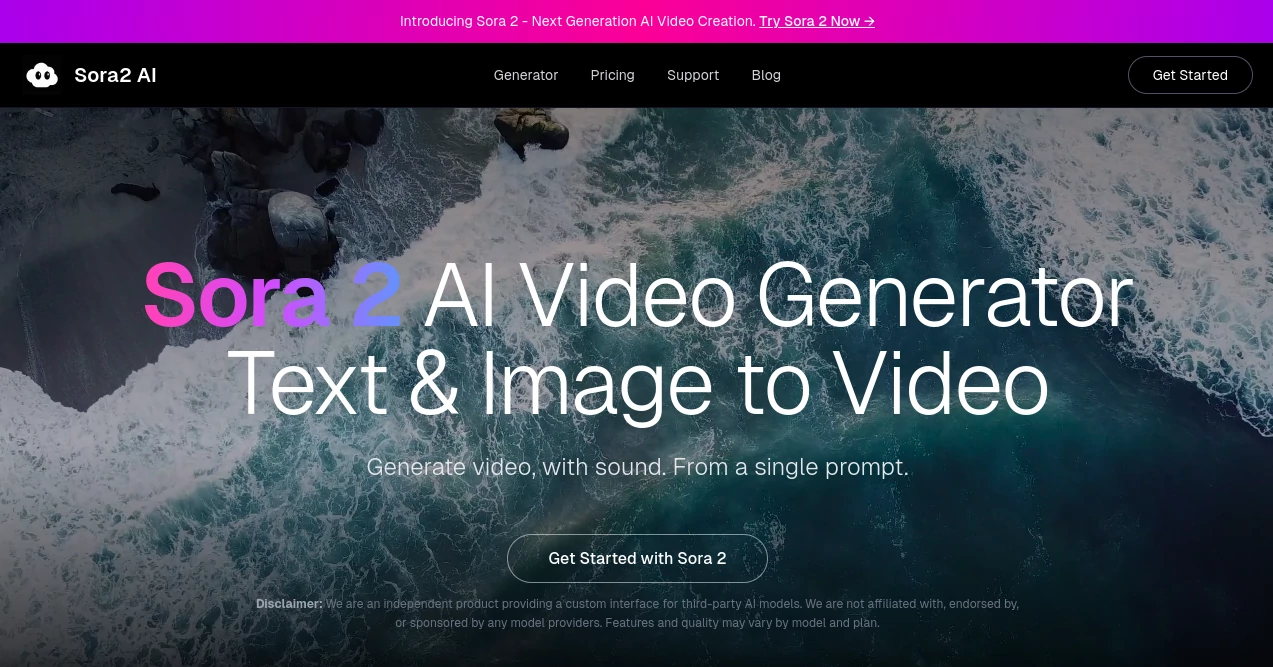 Screenshot of Sora2 AI – An AI tool in the ,AI Animated Video ,AI Image to Video ,AI Video Generator ,AI Text to Video  category, showcasing its interface and key features.