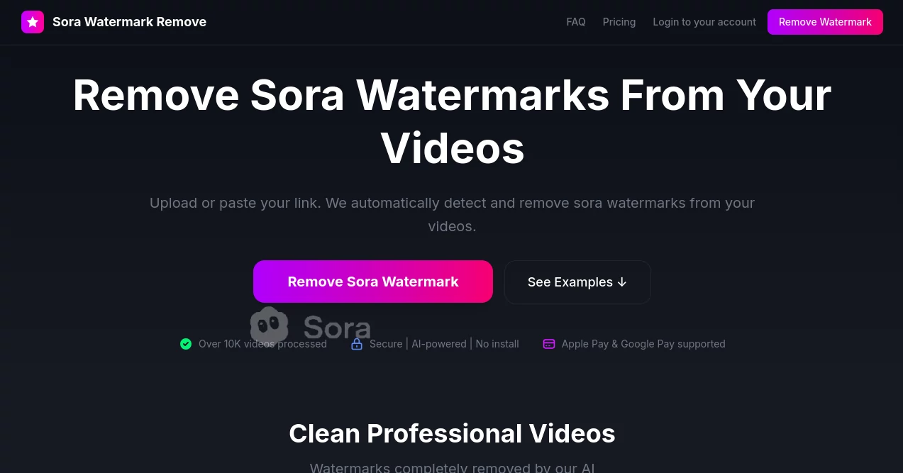 Screenshot of Sora watermark remove – An AI tool in the ,Photo & Image Editor ,AI Video Editor ,AI Video Enhancer  category, showcasing its interface and key features.