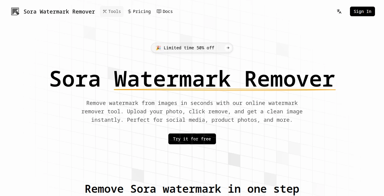 Screenshot of Sora Watermark Remover – An AI tool in the ,Photo & Image Editor ,AI Video Editor ,AI Video Enhancer  category, showcasing its interface and key features.