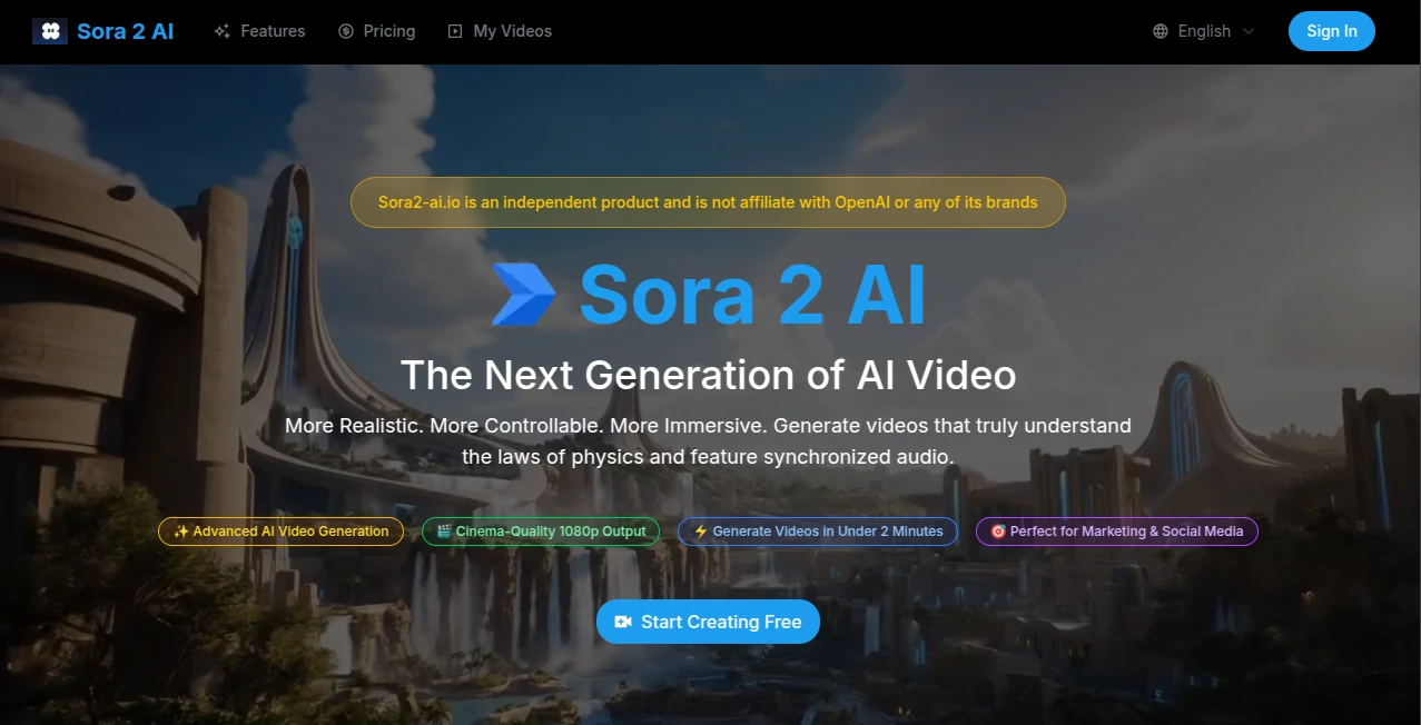 Screenshot of Sora 2 AI – An AI tool in the ,AI Animated Video ,AI Image to Video ,AI Video Generator ,AI Text to Video  category, showcasing its interface and key features.