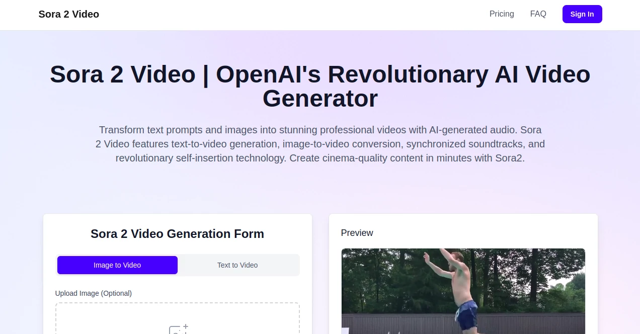 Screenshot of Sora 2 Video – An AI tool in the ,AI Animated Video ,AI Image to Video ,AI Text to Video ,AI Video Generator  category, showcasing its interface and key features.