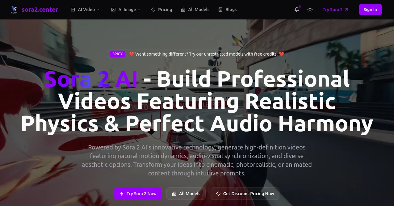 Screenshot of sora2.center – An AI tool in the ,AI Animated Video ,AI Image to Video ,AI Video Generator ,AI Text to Video  category, showcasing its interface and key features.