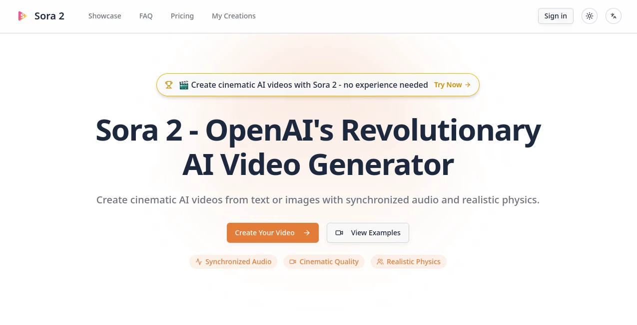 Screenshot of Sora 2 – An AI tool in the ,AI Animated Video ,AI Image to Video ,AI Video Generator ,AI Text to Video  category, showcasing its interface and key features.