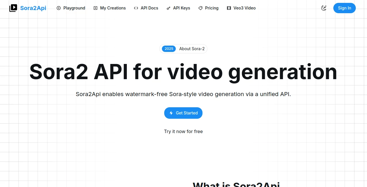 Screenshot of Sora2Api – An AI tool in the ,AI Text to Video ,AI Video Generator ,AI API Design ,AI Developer Tools  category, showcasing its interface and key features.