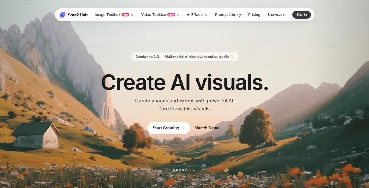 Screenshot of Sora2 Hub – An AI tool in the ,AI Animated Video ,AI Image to Video ,AI Video Generator ,AI Text to Video  category, showcasing its interface and key features.