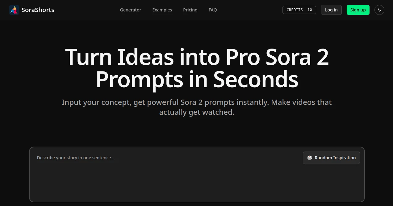 Screenshot of SoraShorts – An AI tool in the ,AI Creative Writing ,AI Content Generator ,AI Video Generator ,Prompt  category, showcasing its interface and key features.