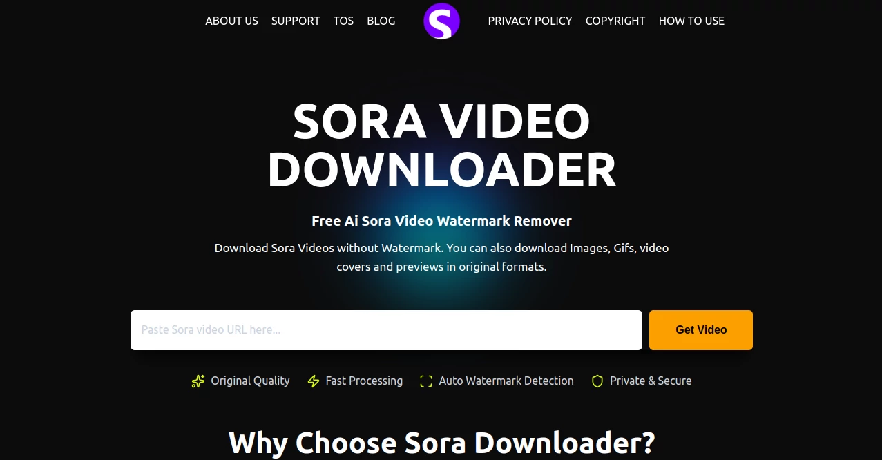 Screenshot of Sora Video Downloader – An AI tool in the ,AI Video Editor ,AI Video Generator ,AI Video Enhancer ,AI UGC Video Generator  category, showcasing its interface and key features.