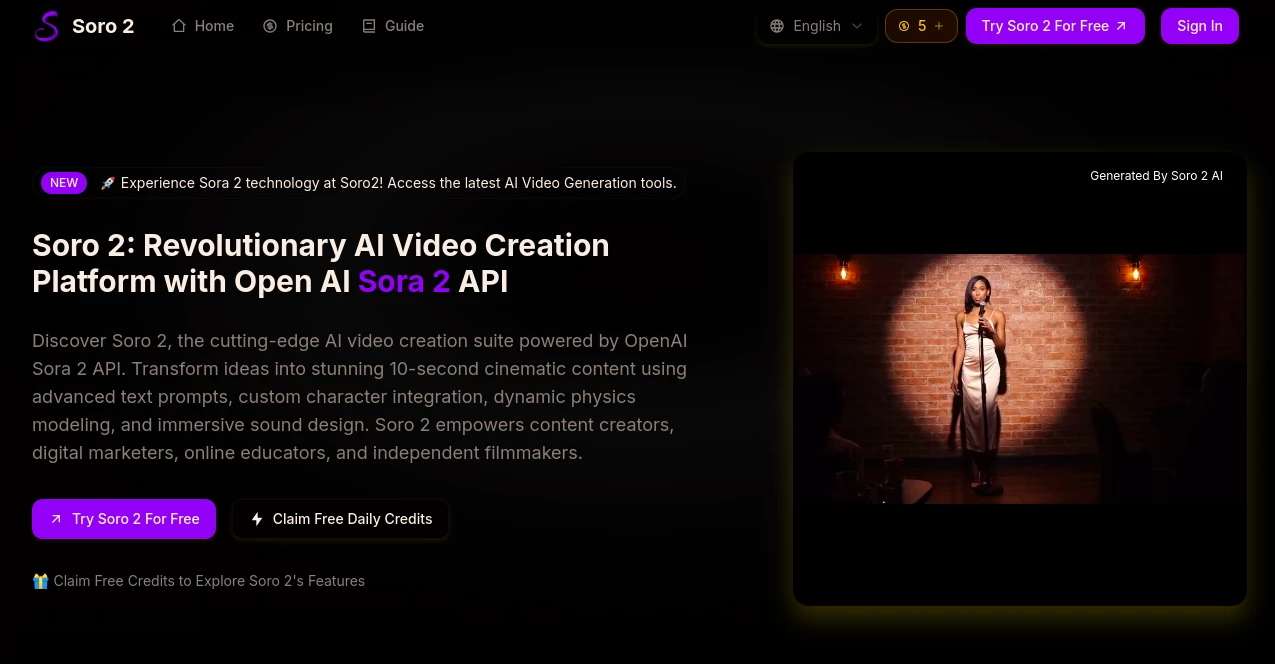 Screenshot of Soro 2 – An AI tool in the ,AI Animated Video ,AI Video Generator ,AI Text to Video  category, showcasing its interface and key features.