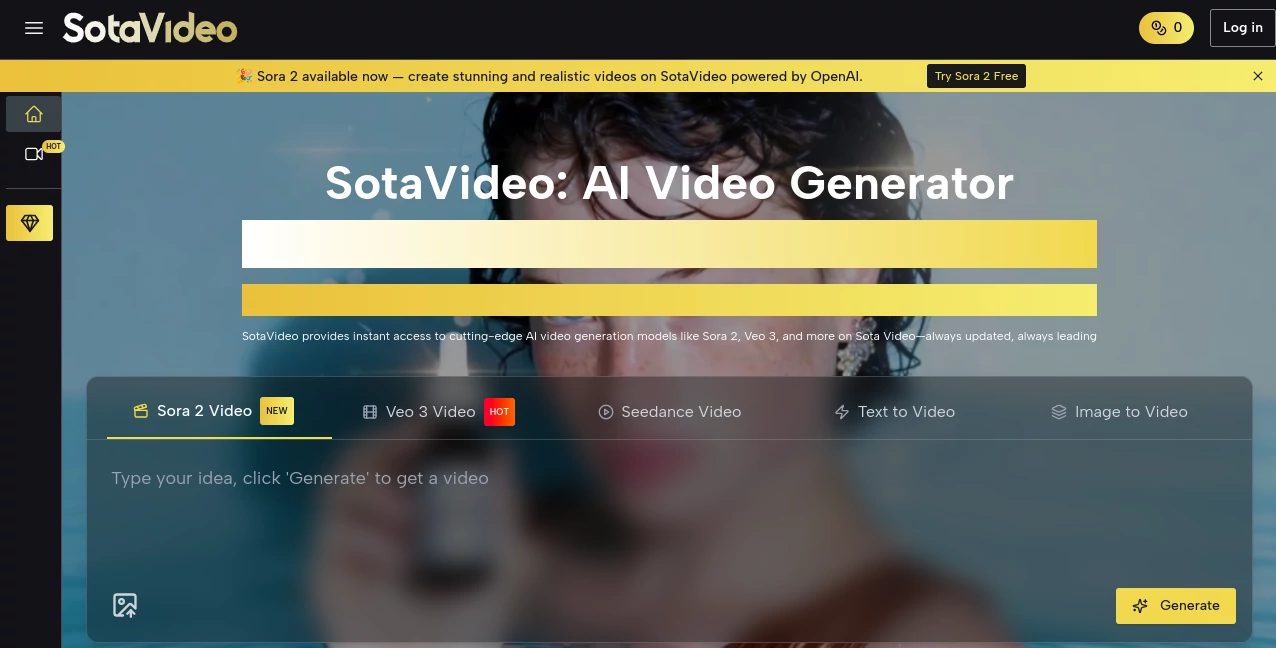 Screenshot of SotaVideo – An AI tool in the ,AI Animated Video ,AI Image to Video ,AI Video Generator ,AI Text to Video  category, showcasing its interface and key features.