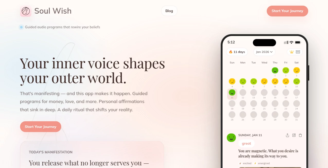 Screenshot of Soul Wish – An AI tool in the ,AI Life Assistant ,AI Mental Health ,AI Coaching ,AI Chatbot  category, showcasing its interface and key features.