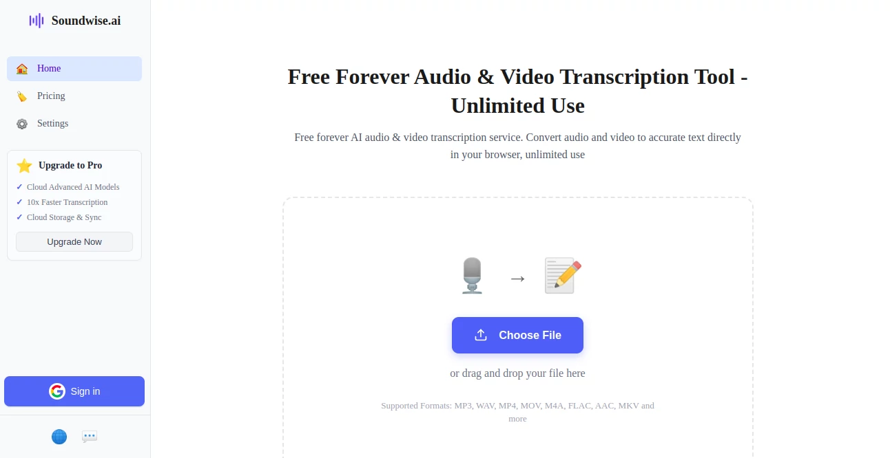 Screenshot of SoundWise AI – An AI tool in the ,AI Audio Enhancer ,AI Transcription ,AI Speech to Text ,AI Video Recording  category, showcasing its interface and key features.