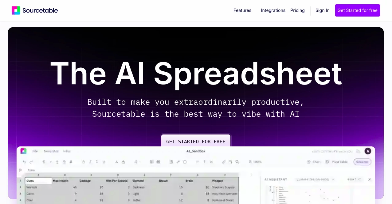 Screenshot of Sourcetable – An AI tool in the ,AI Rewriter ,AI Marketing Plan Generator ,AI Chatbot ,AI Copywriting ,AI Summarizer ,AI Product Description Generator ,AI Content Generator ,AI Speech to Text ,AI No-Code & Low-Code ,AI Code Assistant ,AI Code Generator ,AI Data Mining ,AI SQL Query Builder ,AI SEO Assistant ,AI Accounting Assistant ,AI Research Tool ,AI Consulting Assistant ,AI Tax Assistant ,AI Investing Assistant ,AI Sales Assistant ,AI E-commerce Assistant ,AI Analytics Assistant ,AI CRM Assistant ,AI Email Generator ,AI Lead Generation ,AI Trip Planner ,AI Recipe Assistant ,AI Spreadsheet ,AI PDF ,AI Productivity Tools ,AI Task Management ,AI Team Collaboration ,AI Notes Assistant ,AI Workflow Management ,AI Project Management ,AI Diagram Generator ,AI Document Extraction ,AI Documents Assistant ,AI Files Assistant ,Large Language Models (LLMs) ,AI Maps Generator ,AI Homework Helper ,AI Coaching ,AI Knowledge Base ,AI Knowledge Graph ,AI Tutorial ,AI Course ,AI Education Assistant ,Prompt ,AI Knowledge Management  category, showcasing its interface and key features.