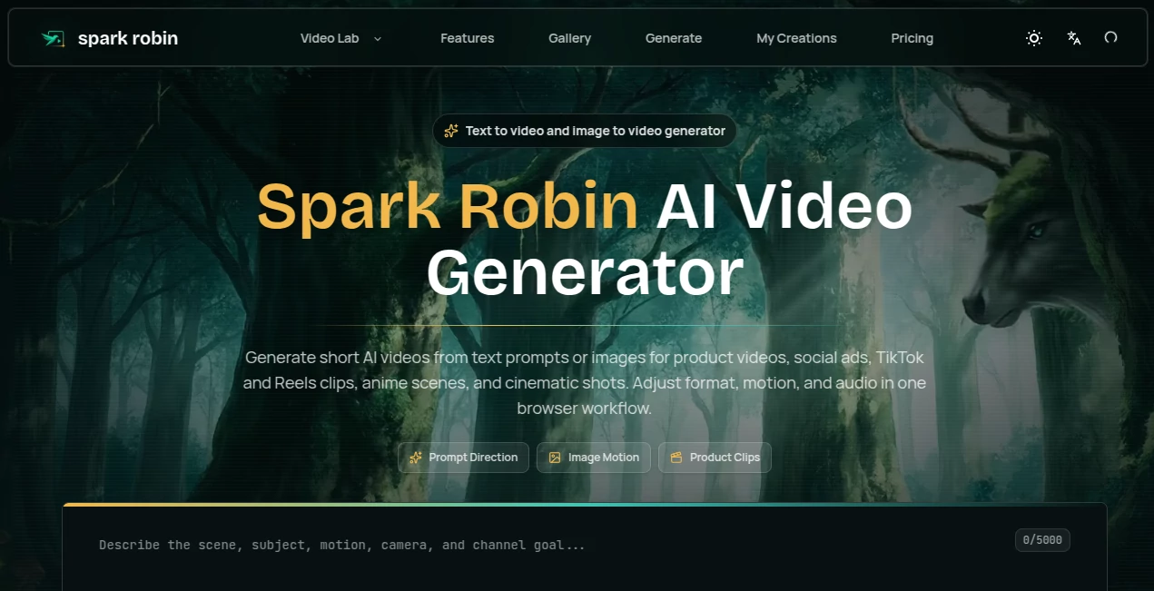 Screenshot of Spark Robin – An AI tool in the ,AI Image to Video ,AI Video Generator ,AI Short Clips Generator ,AI Text to Video  category, showcasing its interface and key features.