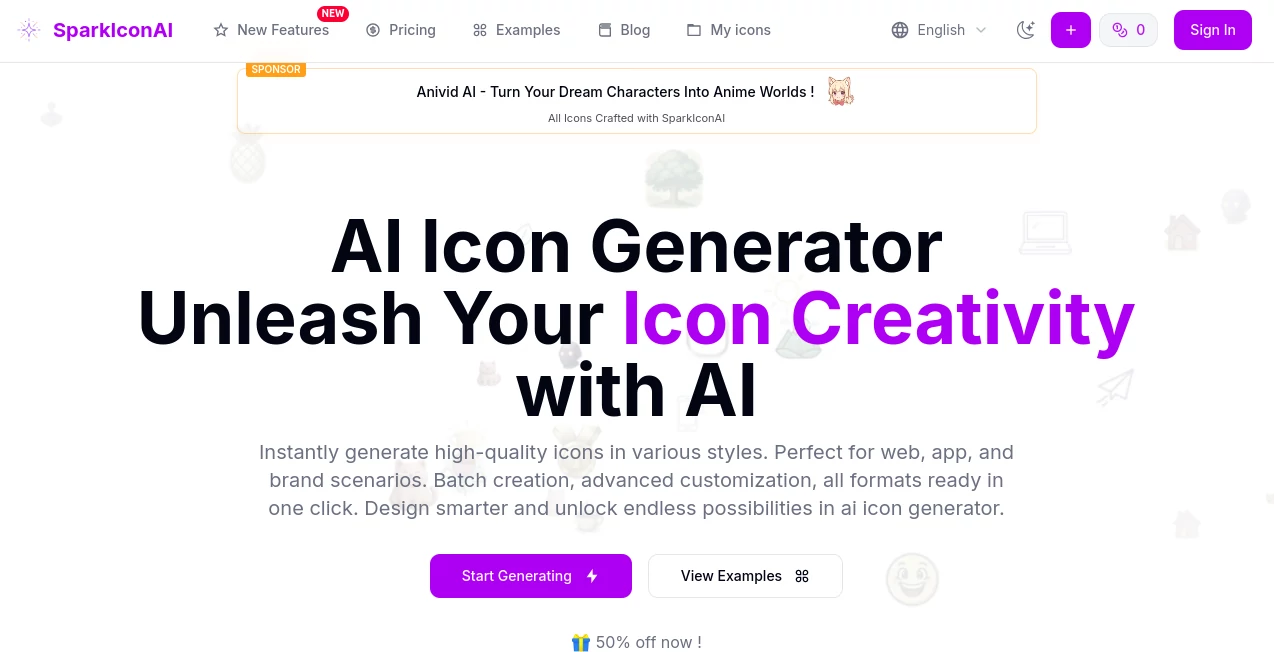 Screenshot of SparkIconAI – An AI tool in the ,AI Icon Generator ,AI Art Generator ,AI Graphic Design ,AI Design Assistant  category, showcasing its interface and key features.