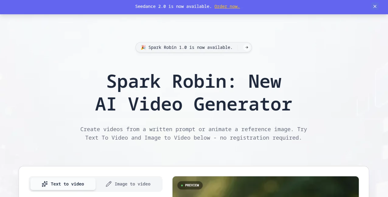 Screenshot of Spark Robin AI – An AI tool in the ,AI Animated Video ,AI Image to Video ,AI Video Generator ,AI Short Clips Generator  category, showcasing its interface and key features.