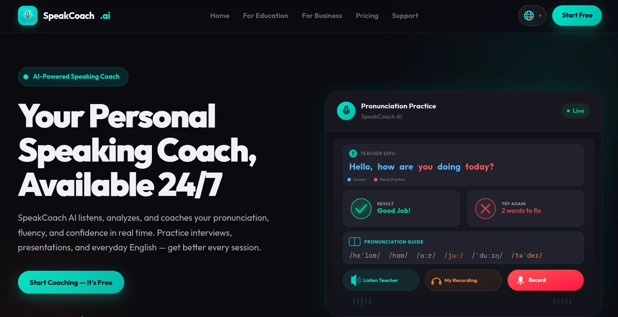 Screenshot of SpeakCoach – An AI tool in the ,AI Education Assistant ,AI Speech Recognition ,AI Speech to Text ,AI Voice Assistants  category, showcasing its interface and key features.