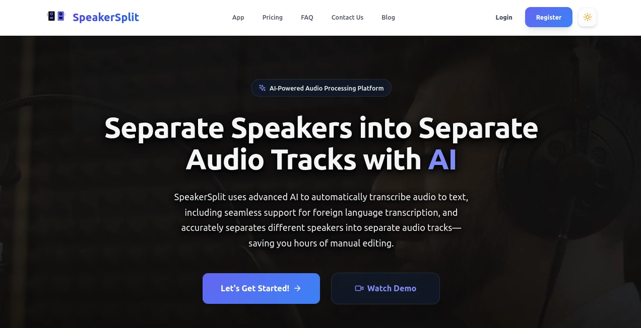 Screenshot of SpeakerSplit – An AI tool in the ,AI Audio Enhancer ,AI Transcription ,AI Speech to Text  category, showcasing its interface and key features.