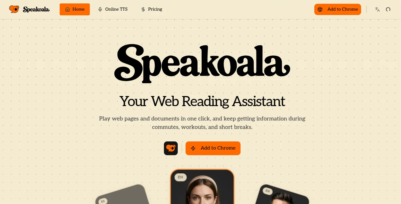 Screenshot of Speakoala – An AI tool in the ,AI Documents Assistant ,AI Text to Speech ,AI Speech Synthesis ,AI Voice Assistants  category, showcasing its interface and key features.