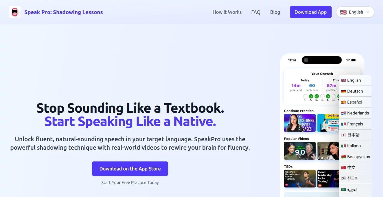 Screenshot of Speak Pro: Shadowing Lessons – An AI tool in the ,AI Coaching ,AI Education Assistant ,AI Speech Recognition ,AI Voice Assistants  category, showcasing its interface and key features.