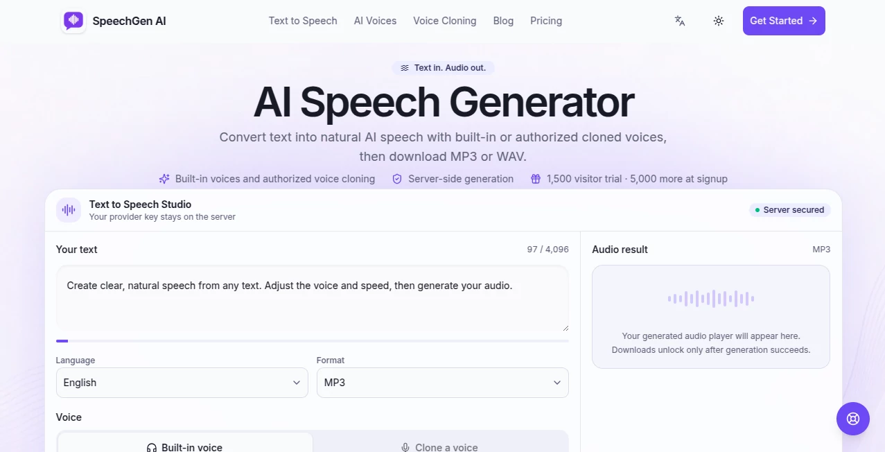 Screenshot of SpeechGen AI – An AI tool in the ,AI Voice Assistants ,AI Text to Speech ,AI Speech Synthesis ,AI Voice & Audio Editing  category, showcasing its interface and key features.