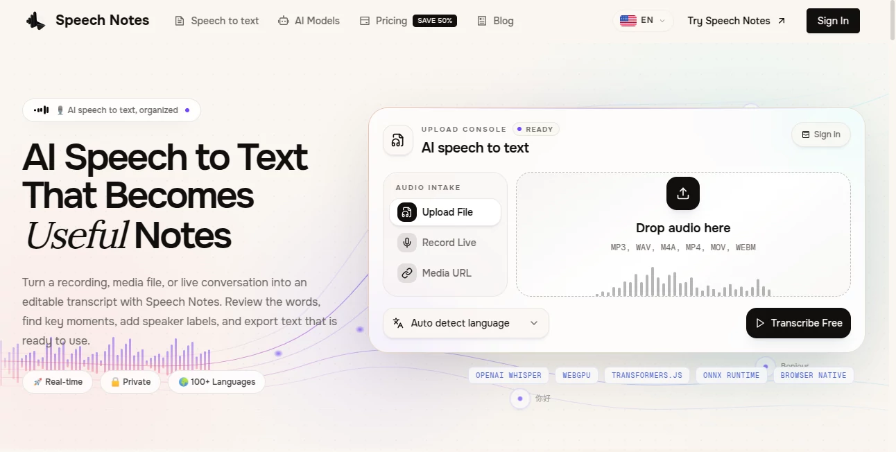 Screenshot of Speech Notes – An AI tool in the ,AI Transcription ,AI Speech to Text ,AI Voice & Audio Editing ,AI Notes Assistant  category, showcasing its interface and key features.