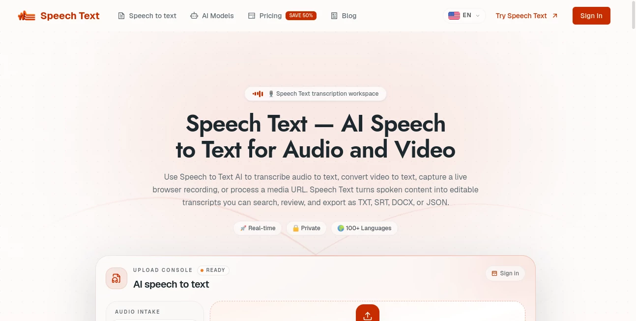 Screenshot of Speech Text – An AI tool in the ,AI Transcription ,AI Speech to Text ,AI Voice & Audio Editing ,AI Productivity Tools  category, showcasing its interface and key features.