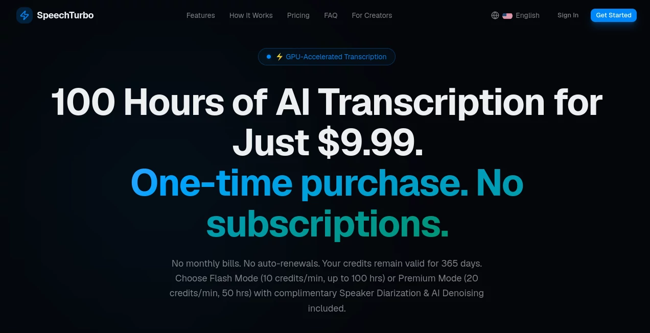 Screenshot of SpeechTurbo – An AI tool in the ,AI Speech Recognition ,AI Transcription ,AI Speech to Text ,AI Captions or Subtitle  category, showcasing its interface and key features.