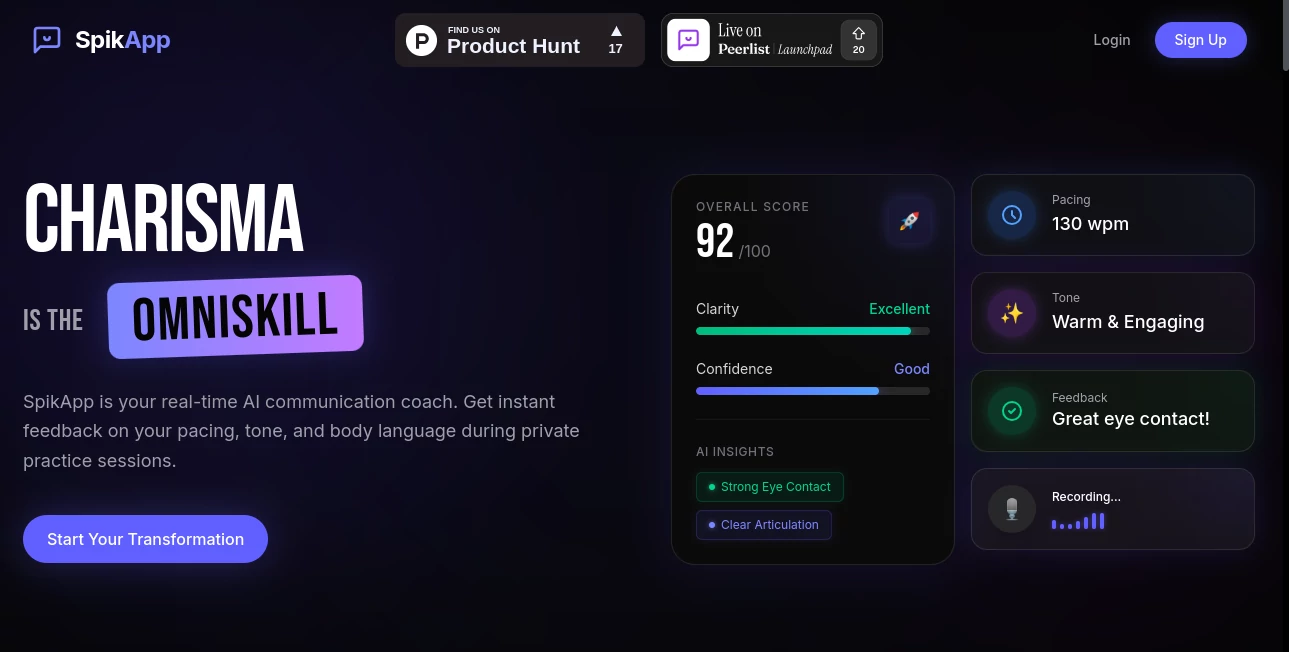 Screenshot of SpikApp – An AI tool in the ,AI Coaching ,AI Tutorial ,AI Productivity Tools ,AI Meeting Assistant  category, showcasing its interface and key features.