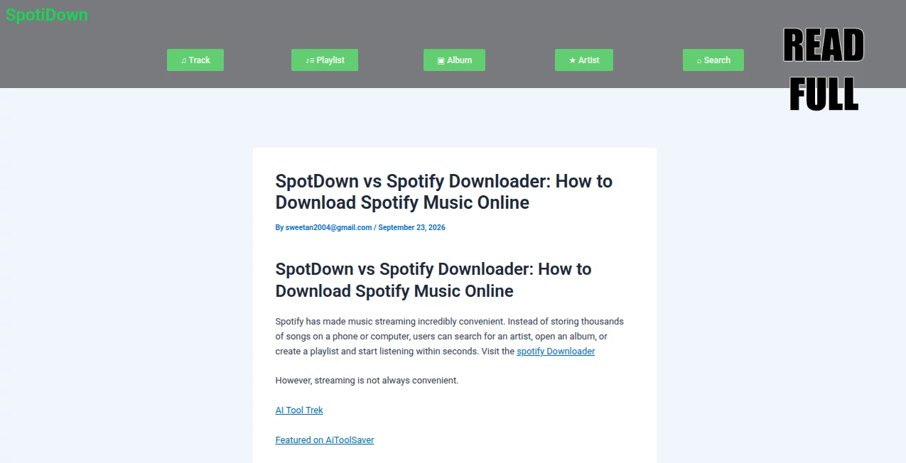 Screenshot of Spotify Downloader – An AI tool in the ,Marketing ,AI 3D Model Generator ,AI Checker Essay ,AI Image to 3D Model  category, showcasing its interface and key features.
