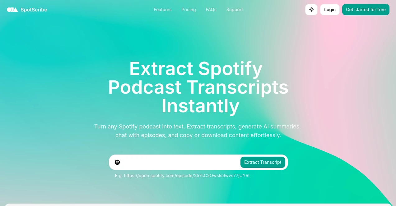 Screenshot of SpotScribe – An AI tool in the ,AI Podcast Assistant ,AI Summarizer ,AI Transcription ,AI Notes Assistant  category, showcasing its interface and key features.