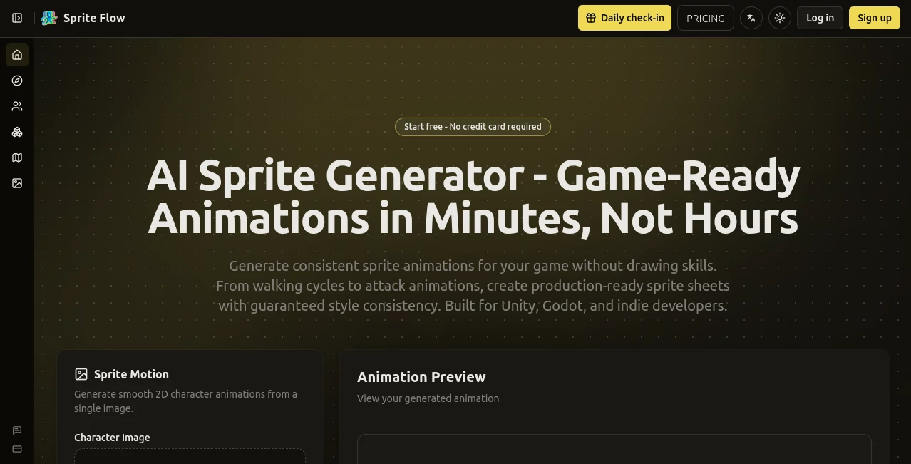 Screenshot of SpriteFlow – An AI tool in the ,AI Animated Video ,AI Design Generator ,AI Image to Image ,AI Game  category, showcasing its interface and key features.