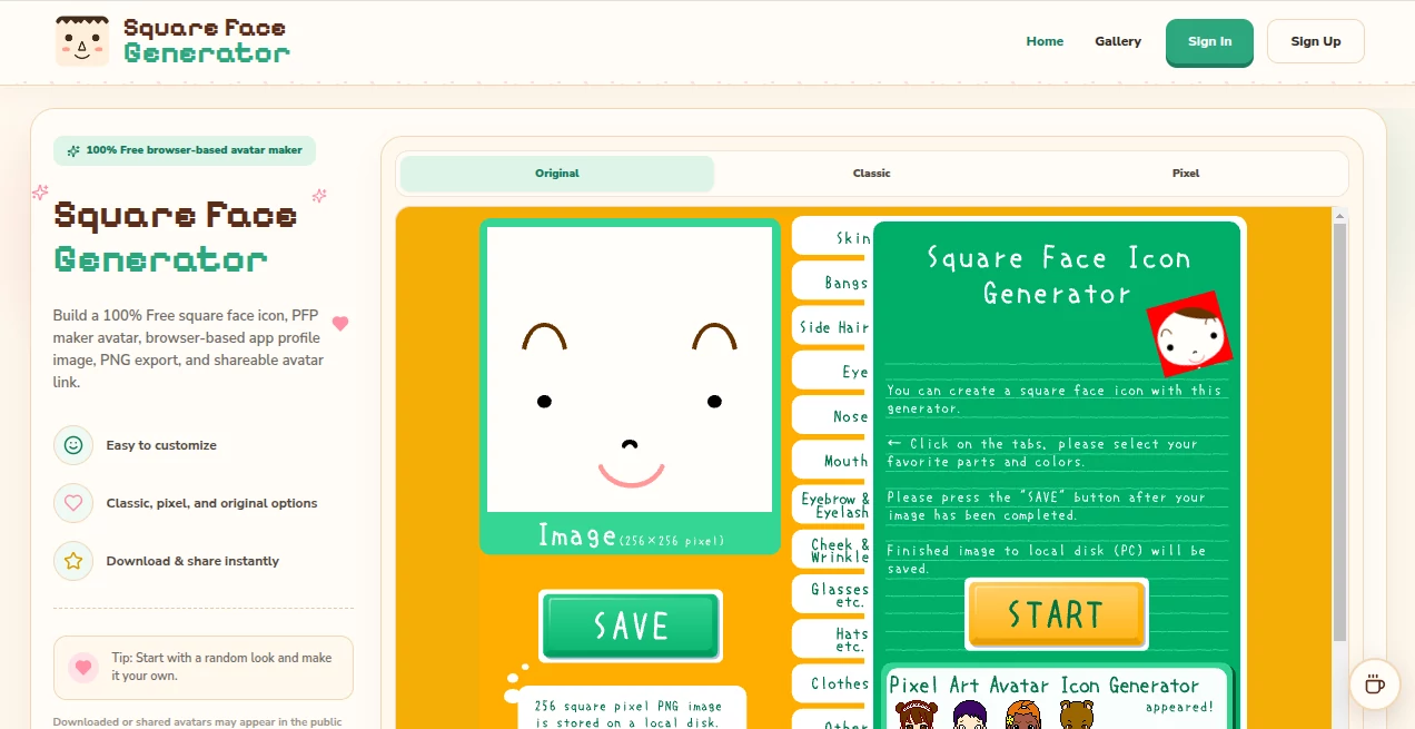Screenshot of Square Face Generator – An AI tool in the ,AI Icon Generator ,AI Profile Picture Generator ,AI Avatar Generator ,AI Emoji Generator  category, showcasing its interface and key features.