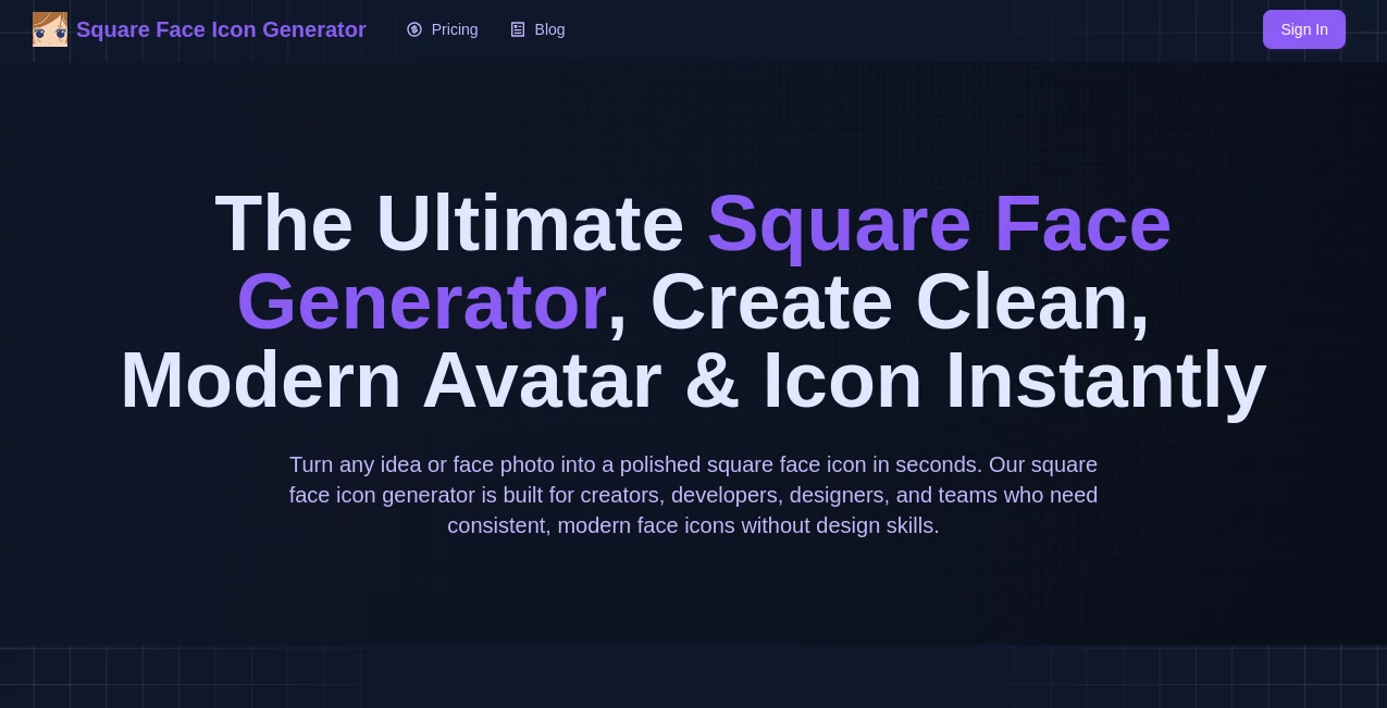 Screenshot of Square Face Icon Generator – An AI tool in the ,AI Photo & Image Generator ,AI Illustration Generator ,AI Avatar Generator ,AI Profile Picture Generator  category, showcasing its interface and key features.