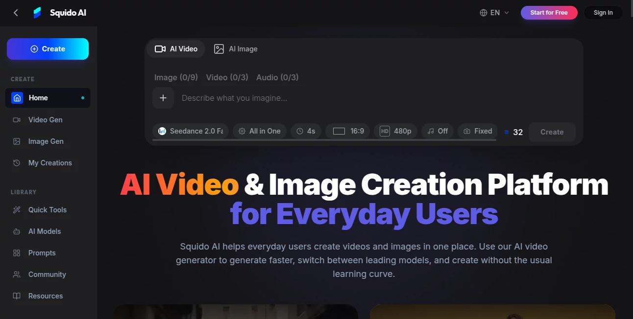 Screenshot of Squido AI – An AI tool in the ,AI Text to Image ,AI Photo & Image Generator ,AI Image to Video ,AI Video Generator  category, showcasing its interface and key features.