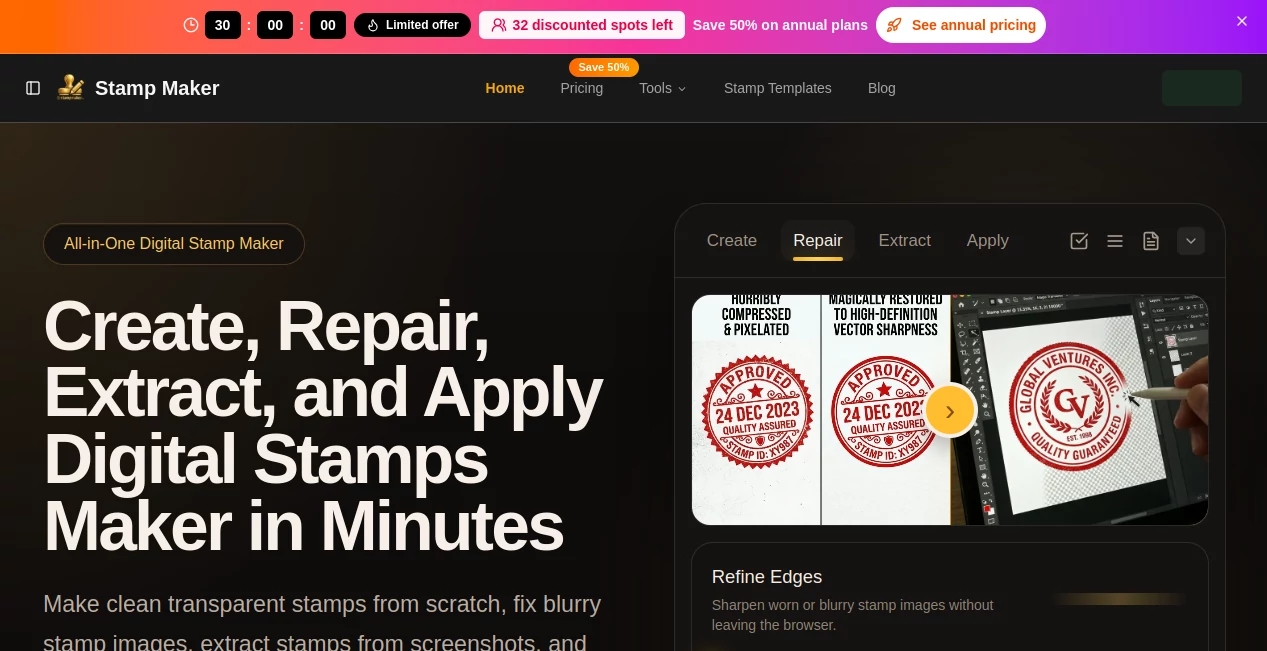 Screenshot of Stamps Maker – An AI tool in the ,AI Icon Generator ,AI Logo Generator ,AI Design Generator ,AI Graphic Design  category, showcasing its interface and key features.