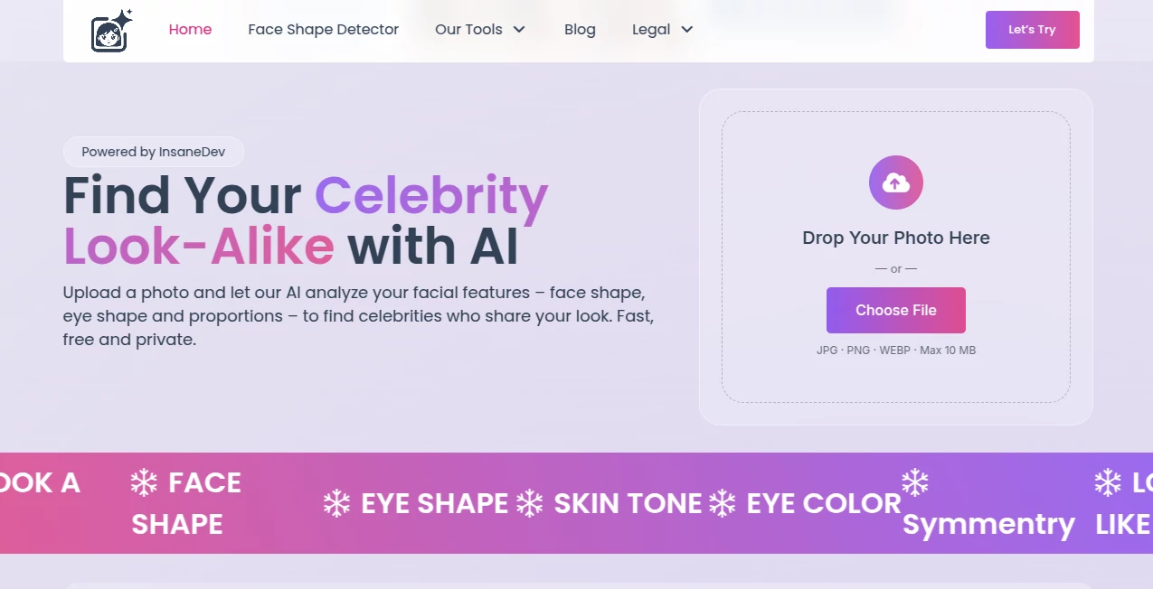 Screenshot of Celebrity Look Alike Finder – An AI tool in the ,AI Selfie & Portrait ,AI Image Recognition ,AI Face Swap Generator ,AI Fun Tools  category, showcasing its interface and key features.