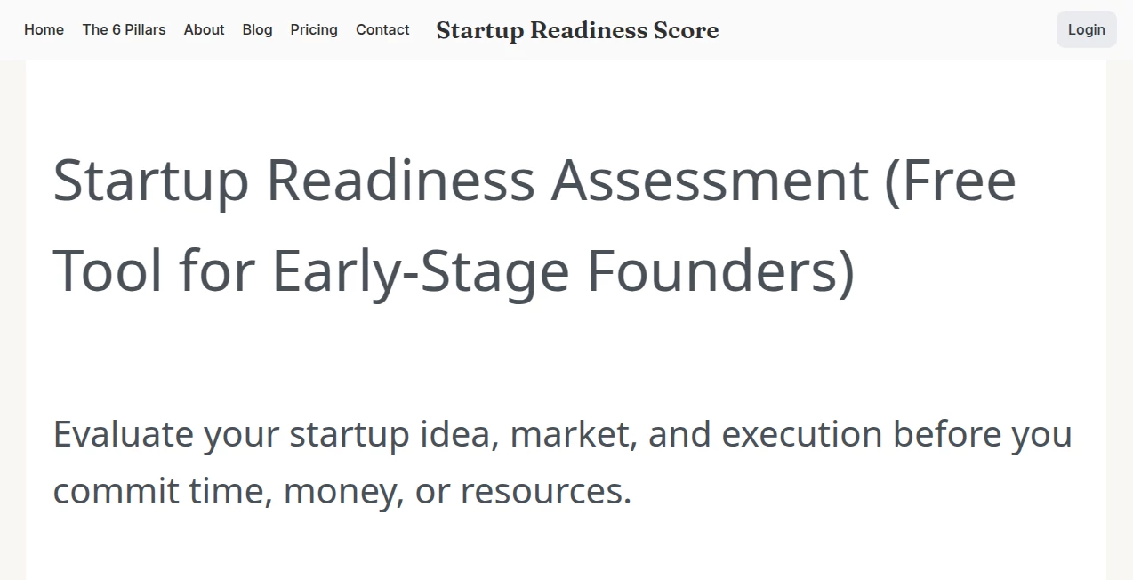 Screenshot of Startup Readiness Score – An AI tool in the ,AI Life Assistant ,AI Project Management ,AI Research Tool  category, showcasing its interface and key features.
