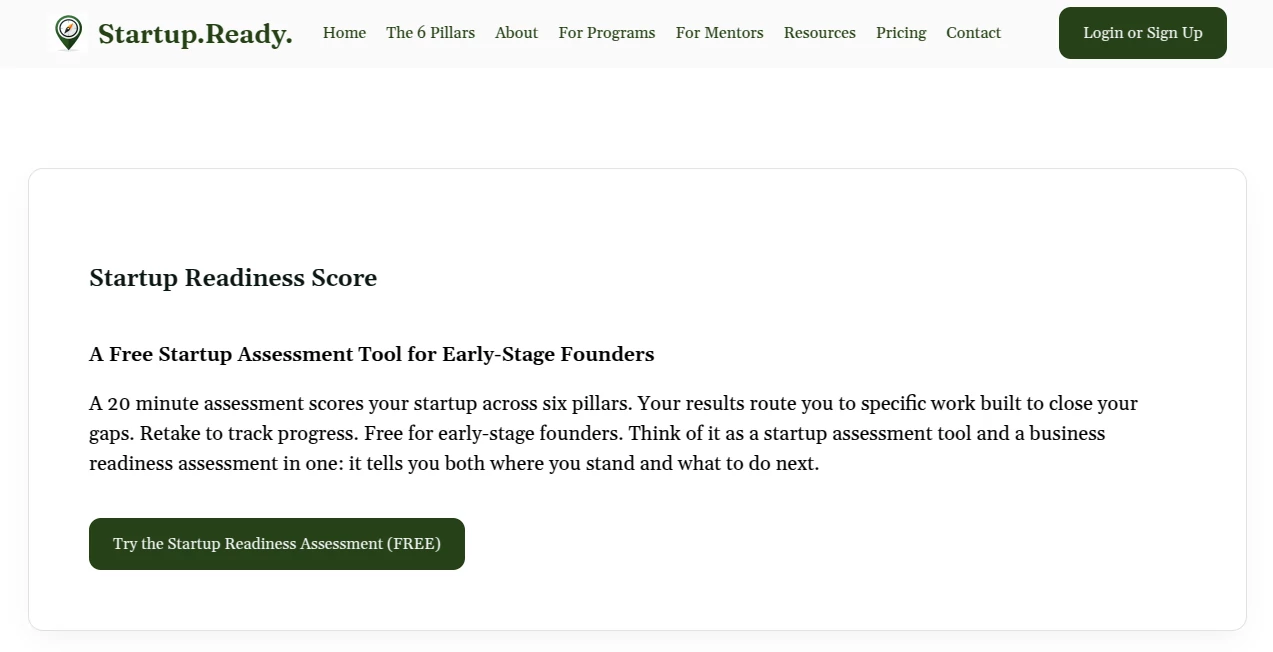 Screenshot of Startup.Ready. – An AI tool in the ,Education ,AI Coaching ,AI Consulting Assistant ,Business  category, showcasing its interface and key features.