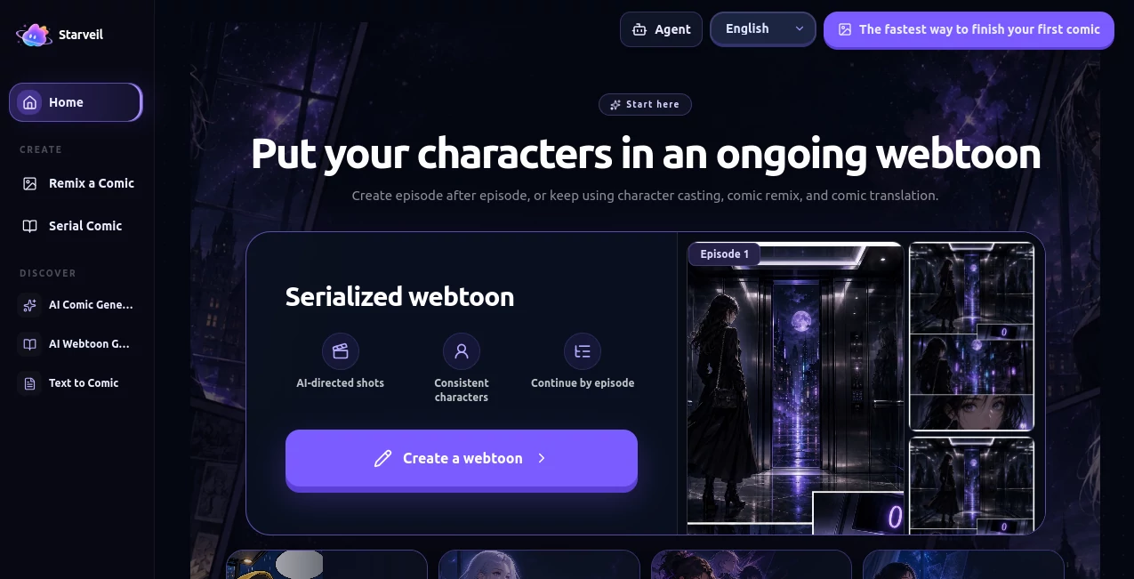 Screenshot of StarVeil AI – An AI tool in the ,AI Photo & Image Generator ,AI Illustration Generator ,AI Anime & Cartoon Generator ,AI Manga & Comic  category, showcasing its interface and key features.