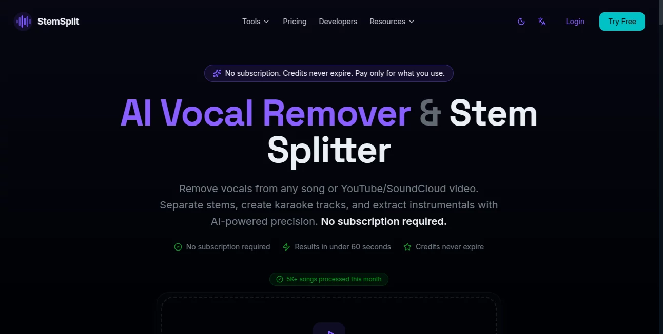 Screenshot of StemSplit – An AI tool in the ,AI Audio Enhancer ,AI Music Generator ,AI Voice & Audio Editing ,AI Speech Synthesis  category, showcasing its interface and key features.