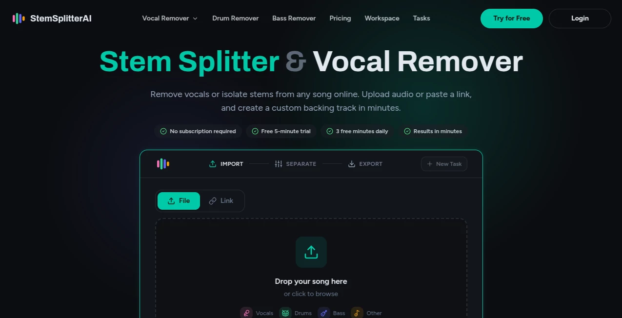 Screenshot of StemSplitterAI – An AI tool in the ,AI Audio Enhancer ,AI Music Generator ,AI Productivity Tools ,AI Voice & Audio Editing  category, showcasing its interface and key features.