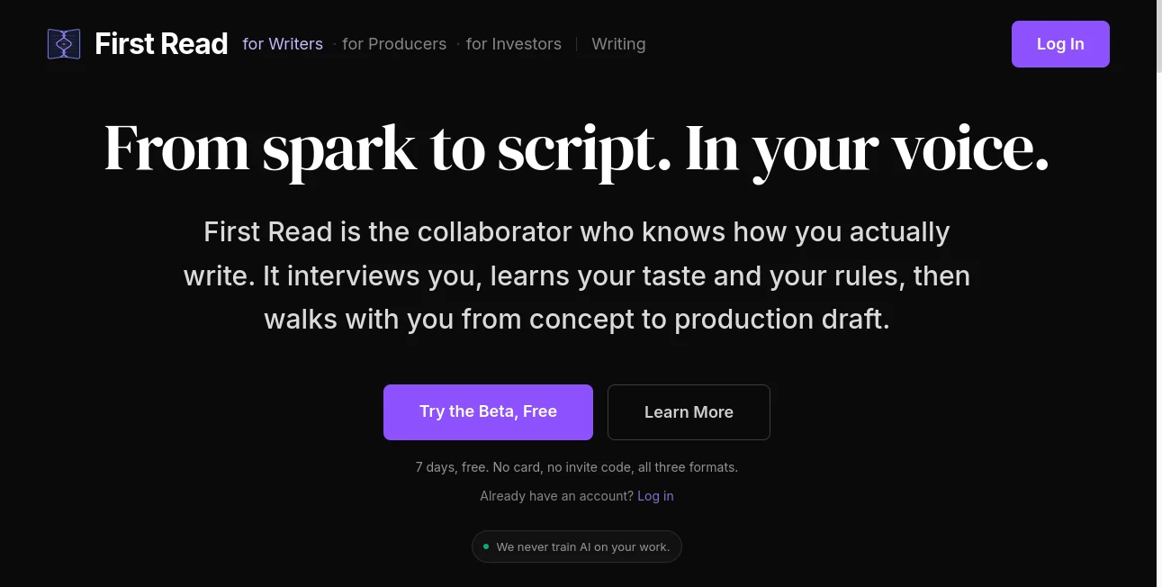Screenshot of First Read – An AI tool in the ,AI Creative Writing ,AI Script Writing ,AI Story Writing  category, showcasing its interface and key features.