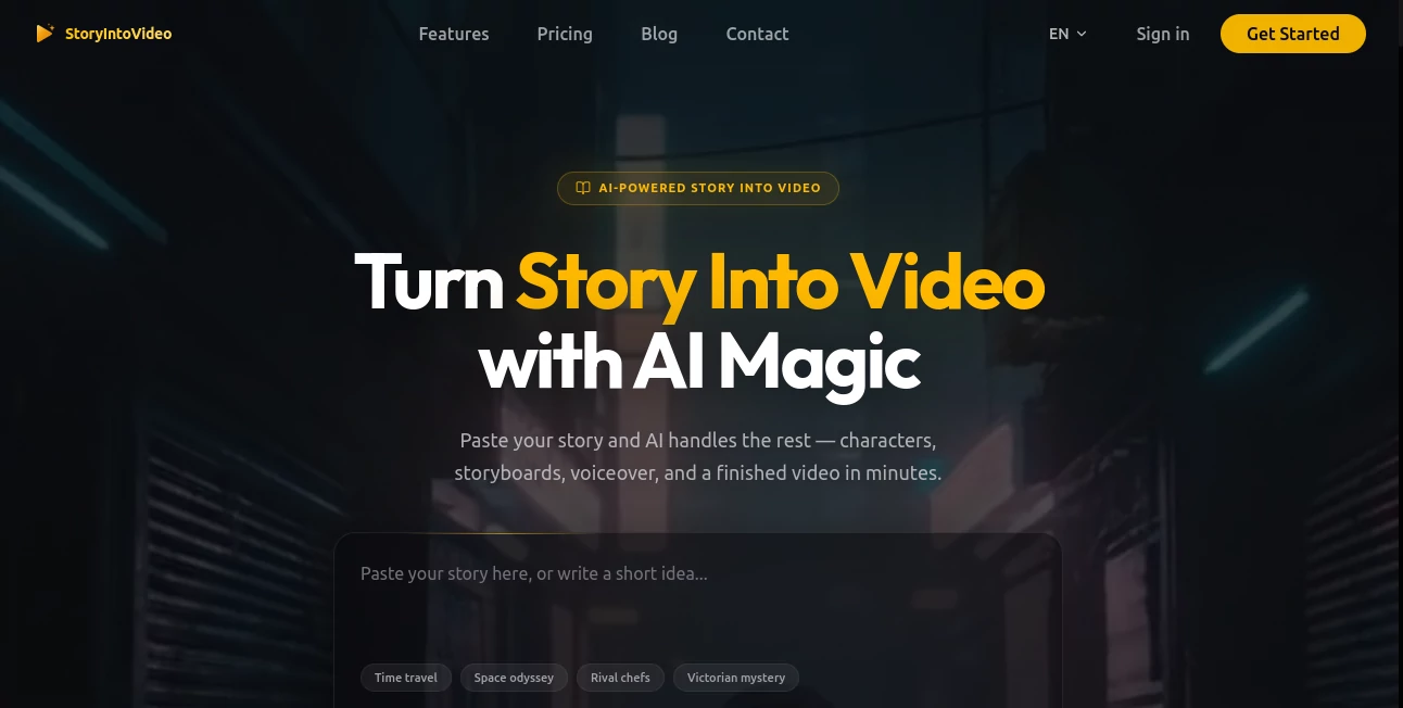 Screenshot of StoryIntoVideo – An AI tool in the ,AI Animated Video ,AI Video Generator ,AI Short Clips Generator ,AI Text to Video  category, showcasing its interface and key features.