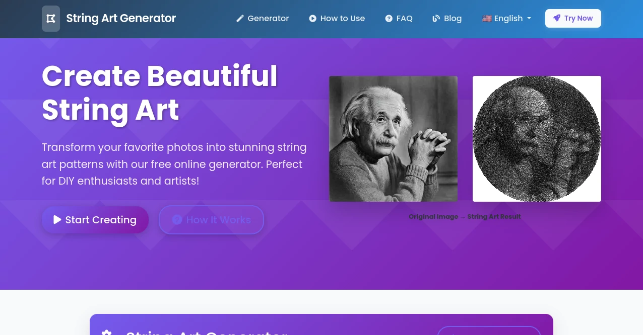 Screenshot of stringartgenerator – An AI tool in the ,Design & Art ,AI Art Generator ,AI Education Assistant ,AI Design Generator  category, showcasing its interface and key features.