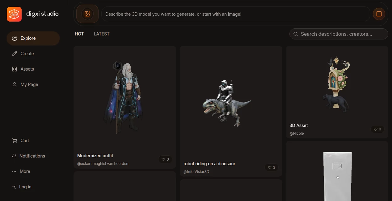 Screenshot of digxi Studio – An AI tool in the ,AI 3D Model Generator ,AI Text to 3D ,AI Image to 3D Model ,Design & Art  category, showcasing its interface and key features.